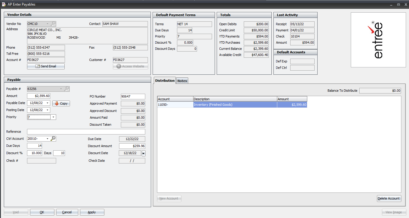 Accounts Payable Purchase Order screen